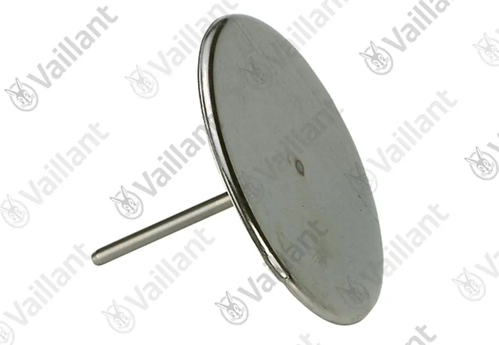 Metallischer Membranteller mit zylindrischem Stift, produziert von Vaillant. Der Teller hat eine runde Form und einen glatten, glänzenden Oberflächenbereich.